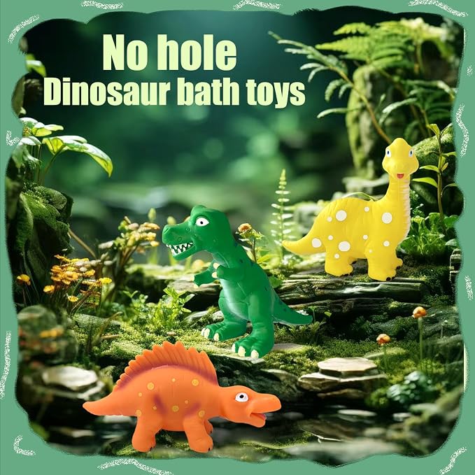 Dinosaurs Toys for Toddlers 1-3, No Hole Bath Toys for 18 Months, 3Pcs Soft Rubber Dino Bath Toy for Kids Age 1-3 with Storage Bag, Easy-Grip Baby & Toddler Bathtub Shower Water Table Pool Beach Toys