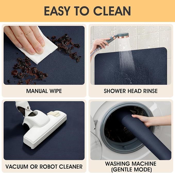 ACCUMTEK Non Slip Bath Mat, Thin Bathroom Rugs Fit Under Door, Quick Dry Bath Mats, Machine Washable Bath Rugs for Bathroom, Bathtub & Kitchen, Bathtub, Dark Blue/Solid/24 x17+48"x20"