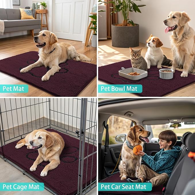 Smiry Dog Door Mat for Muddy Paws, Absorbent Dirt Trapper Non Slip Quick Dry Washable Chenille Mat for Mud Dogs, Entry Rug for Indoor and Outdoor (36x24 Inches, Russet and Black)