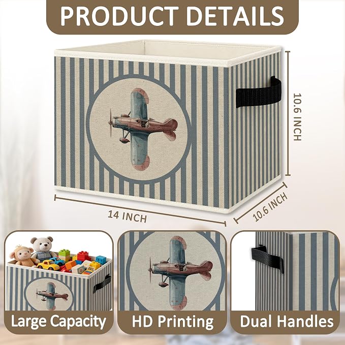 Vintage Airplane Nursery Foldable Storage Bins Box with Handles, Kids Room Decor for Boys, Blue Striped Plane Collapsible Organizer Basket for Kids Nursery Room Bedroom Playroom Toys Books