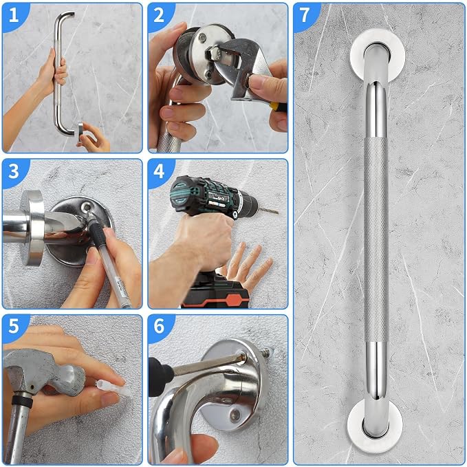 2 PCS Shower Grab Bars for Seniors, 20 Inch Anti Slip Shower Handle, Stainless Steel Bathroom Balance Bar, Safety Hand Rail Support, Assist Bath Handrails for Handicap, Elderly, Pregnant