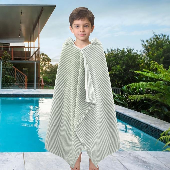 VOOVA & MOVAS Hooded Bath Towels for Kids | Soft Absorbent 100% Cotton Thick Towel Wrap | Versatile Beach, Pool, Swim & Bath Cover-Up | Green White Thin Horizontal Stripe