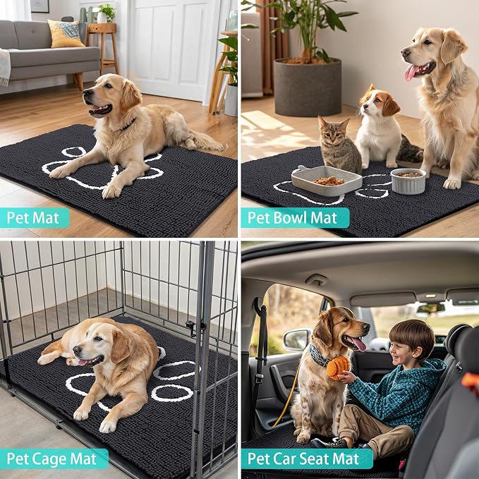 Smiry Dog Door Mat for Muddy Paws, Absorbent Dirt Trapper Non Slip Quick Dry Washable Chenille Mat for Mud Dogs, Entry Rug for Indoor and Outdoor (34x21 Inches, Black and White)