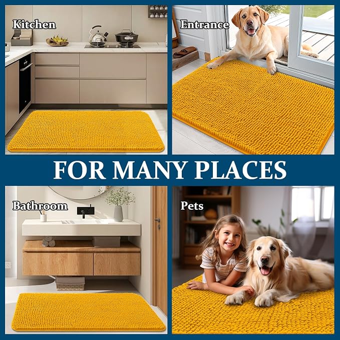 OLANLY Dog Door Mat for Muddy Paws 59x35, Absorbs Moisture and Dirt, Absorbent Non-Slip Washable Doormat, Quick Dry Chenille Mud Mat, Entry Indoor Entryway Carpet for Inside Floor, Golden Yellow