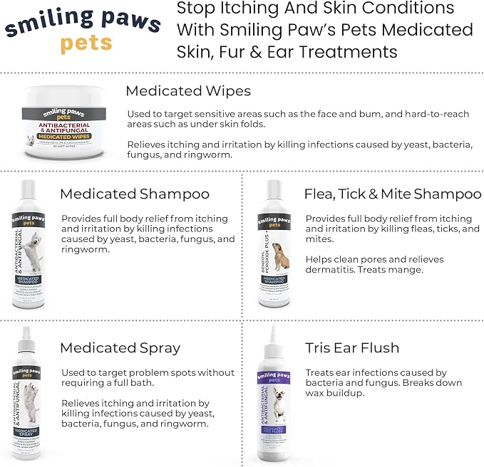 Smiling Paws Pets - Antibacterial & Antifungal Wipe for Dogs & Cats - Contains Ketoconazole & Chlorhexidine - Skin Treatment for Yeast Infection, Ringworm, Pyoderma, Bacteria & Fungus - 50ct (2 Pack)