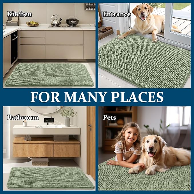 OLANLY Dog Door Mat for Muddy Paws 59x24, Absorbs Moisture and Dirt, Absorbent Non-Slip Washable Doormat, Quick Dry Chenille Mud Mat for Dogs, Entry Indoor Entryway Carpet for Inside Floor, Sage Green