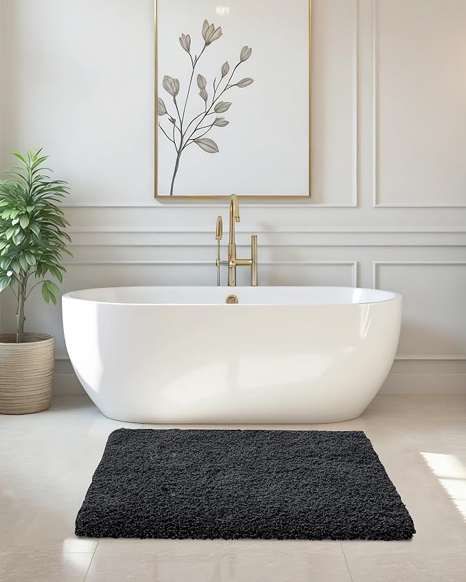 ILANGO Black Bathroom Rugs 24" × 17" Small Non Slip & Super Absorbent Extra Thick Soft, Washable Bath Mat for Floor, Microfiber Plush Shaggy Bath Rug with Rubber for Bathtub Shower Room Sink