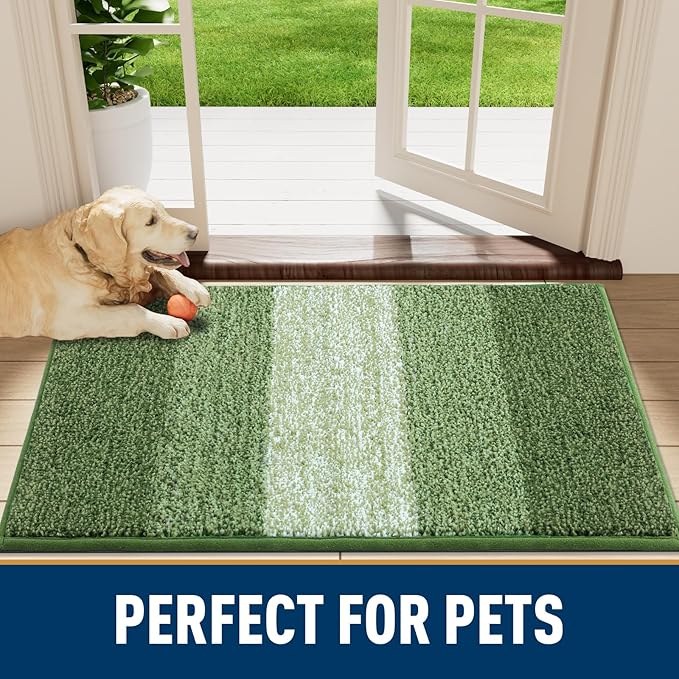 Smiry Dog Door Mat for Muddy Paws, Absorbs Moisture and Dirt, Low-Profile Entryway Mat with Non-Slip Backing, Entry Indoor Outdoor Doormat for Inside Floor (54x32 Inches, Green, Striped)