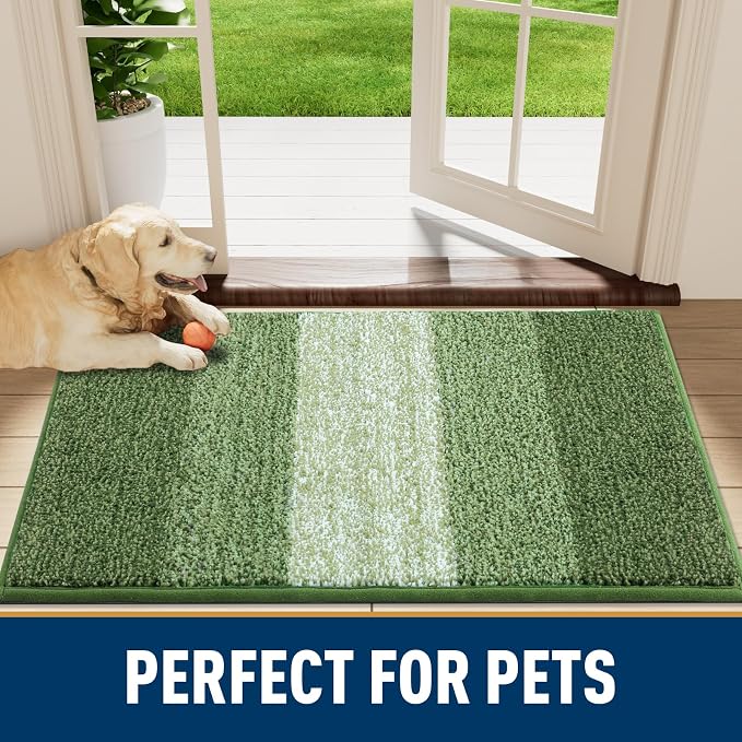 Smiry Dog Door Mat for Muddy Paws, Absorbs Moisture and Dirt, Low-Profile Entryway Mat with Non-Slip Backing, Entry Indoor Outdoor Doormat for Inside Floor (70x24 Inches, Green, Striped)
