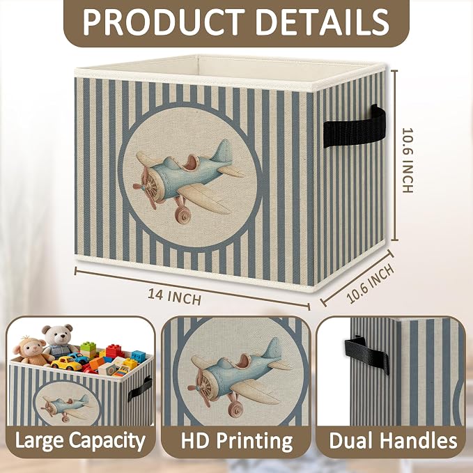 Vintage Airplane Foldable Storage Bins Box with Handles, Kids Room Decor for Boys, Neutral Blue Striped Plane Collapsible Organizer Basket for Kids Nursery Room Bedroom Playroom Toys Books