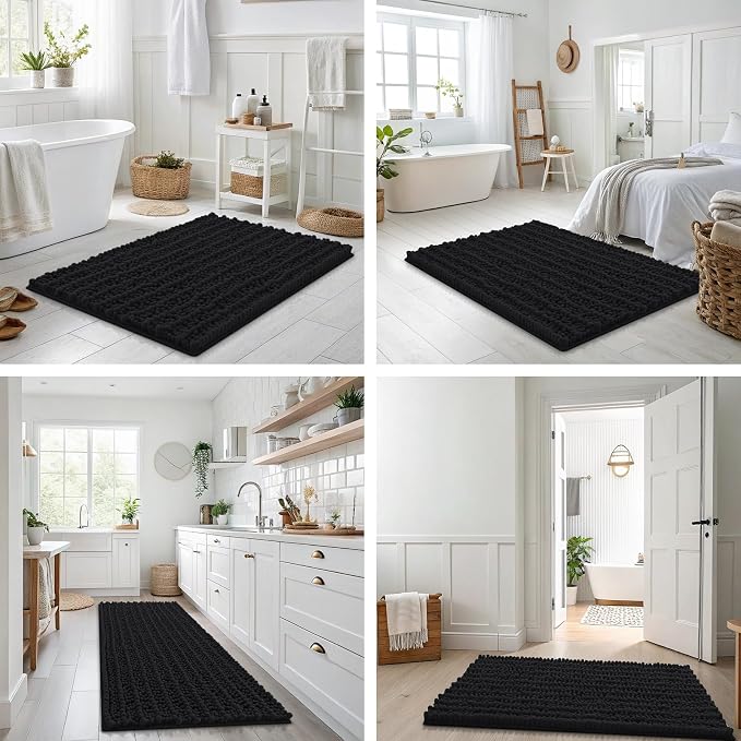 Smiry Bathroom Rugs Mat 47x17, Extra Soft Absorbent Chenille Bath Rugs, Non Slip Rubber Backing Machine Washable Quick Dry Bath Mats for Bathroom Floor, Tub, Shower, Home Decor Accessories, Black