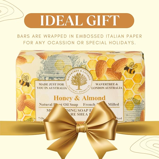 Wavertree & London Honey & Almond Scented Natural Soap Bar, 7oz Moisturizing French Triple Milled Soap Bar for Women & Men Enriched with Organic Shea Butter, Pure Bath & Body Soap (1 Bar)