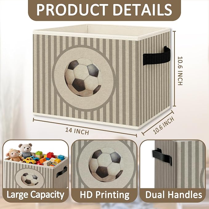 Football Boy Storage Bins Box with Handles, Sports Kids Decor for Boys, Neutral Striped Football Ball Collapsible Organizer Basket for Nursery Room Bedroom Playroom Toys Books