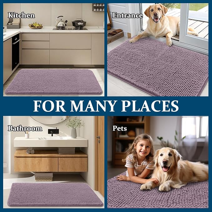OLANLY Dog Door Mat for Muddy Paws 47x32, Absorbs Moisture and Dirt, Absorbent Non-Slip Washable Doormat, Quick Dry Chenille Mud Mat for Dogs, Entry Indoor Entryway Carpet for Inside Floor, Deep Plum