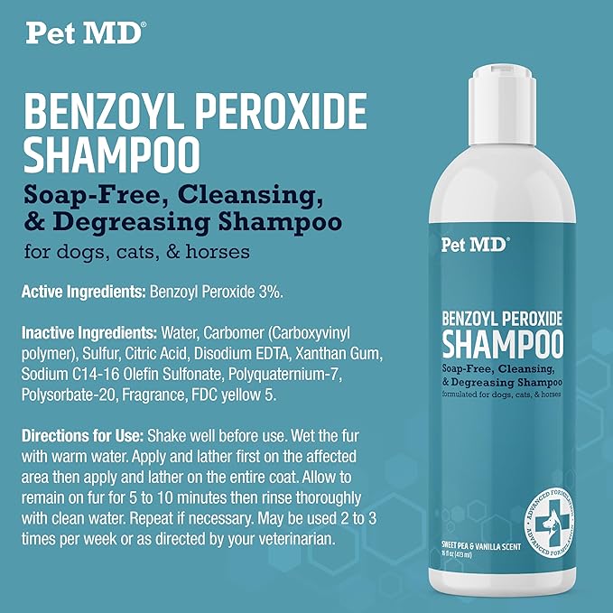 Pet MD - Benzoyl Peroxide Medicated Shampoo for Dogs and Cats - Effective for Skin Conditions, Dandruff, Itch Relief, Acne and Folliculitis - Citrus Scent - 12 oz (Pack of 2)