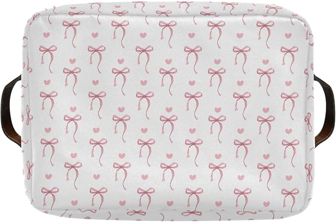 Wamika Pink Ribbon Bow Storage Basket with Waterproof Liner and PU Handles White Bow Tie Cute Storage Bins Boxes 14.2" Collapsible Decorative Organizer Baskets for Bedroom Closet Office 2 Pack