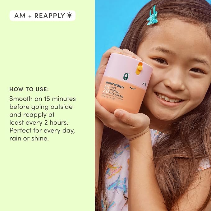 Evereden Kids Mineral Face Cream SPF 20 | Dermatologist-Tested, Moisturizer with Vitamin B5 & Zinc Oxide | Fragrance-Free, Clean, Vegan, No Phenoxyethanol | FSA Eligible, Yuka 93/100