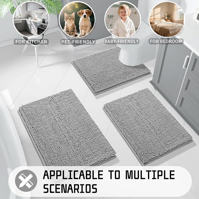 Yimobra Washable Bathroom Rugs, Super Soft & Absorbent Chenille Bath Mat for Floor & Carpet, Quick Dry Non Slip Bath Mat for Tub Shower, 32"x20",Gray