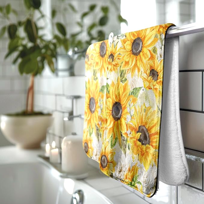 Watercolor Sunflowers Hand Towels Set Vintage Yellow Floral Towels Soft Absorbent Decorative Coral Fleece Towel