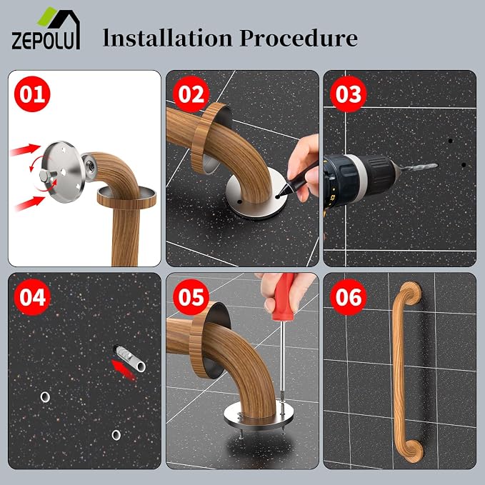 Wood Grain Shower Grab Bar 16 Inch, Zepolu Stainless Steel Safety Bar Wall Mount wooden grab bar, Bathroom Balanced Handrail Shower Support Assist Handle for Elderly Senior Handicap Injury-1" Diameter