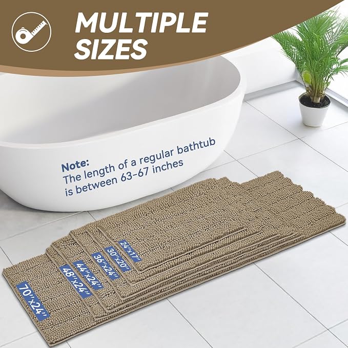 Bcoimo 24"×17" Chenille Bath Mat – Non-Slip with Backing Bath Rug Ultra-Absorbent and Machine Washable Bathroom Mat Quick-Dry Design. Ideal for Bathroom and Tub Areas