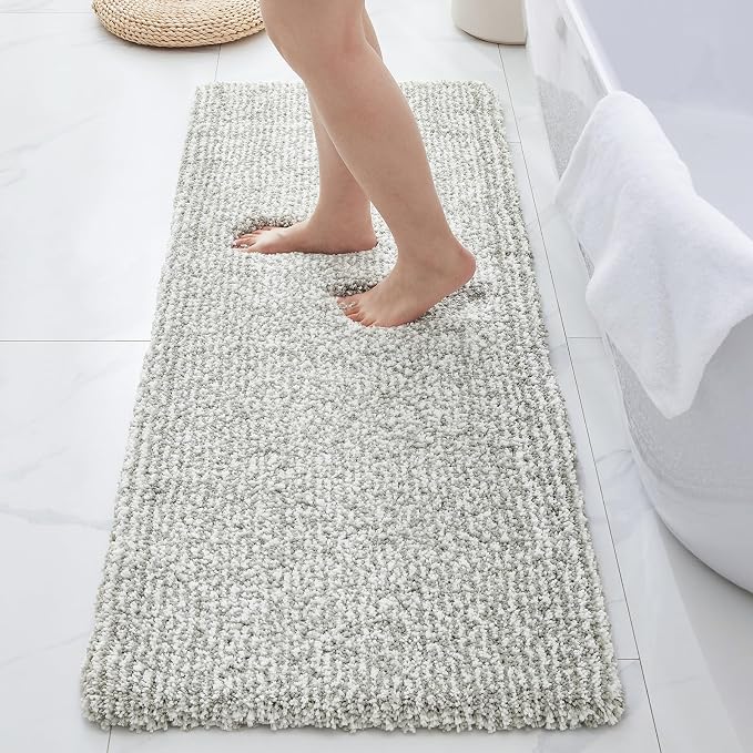 ILANGO Grey and White Bathroom Rugs 48" × 24" Non Slip & Super Absorbent Extra Thick Soft, Washable Bath Mat for Floor, Microfiber Plush Shaggy Bath Rug with Rubber for Bathtub Shower Room Sink