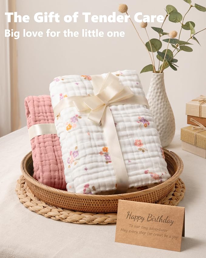 Baby Girl Bath Towels, 100% Muslin Cotton Hooded Baby Towels for Newborn, 2 Pack Baby Towels with Hood for Infant Toddler and Kids, Large 32x32Inch Essentials, Soft and Absorbent Pink Flower