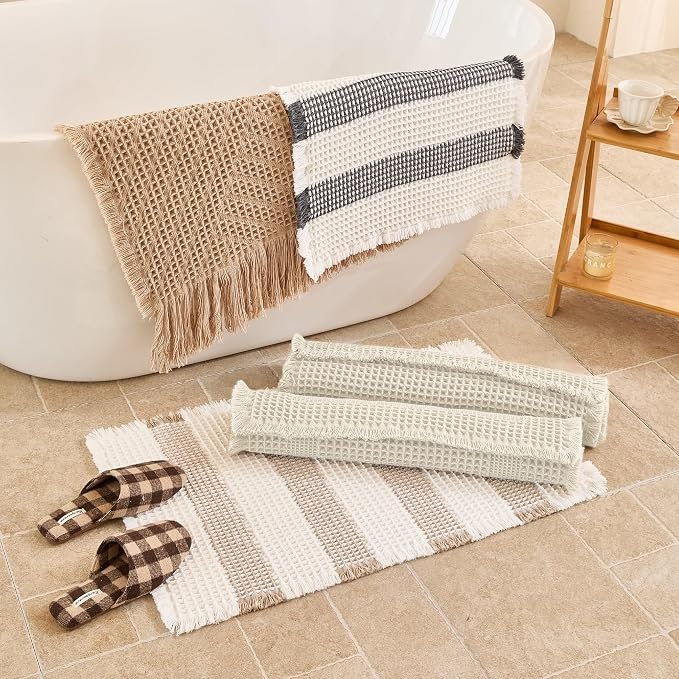 Waffle Runner Rug Non Slip, Boho Bath Mat, Super Absorbent Quick Dry Long Bath Runner Bathroom, Soft Farmhouse Bath Rug with Tassels, Washable Shower Mats for Floor 24"x72", Tassels Cream