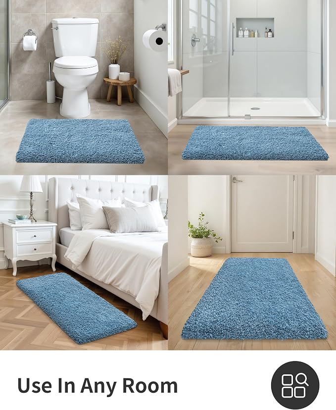 ILANGO Blue Bathroom Rugs 70" × 24" Non Slip & Super Absorbent Extra Thick Soft, Washable Bath Carpet Runner for Floor, Microfiber Plush Shaggy Bath Mats with Rubber for Bedroom Bathtub Shower Room