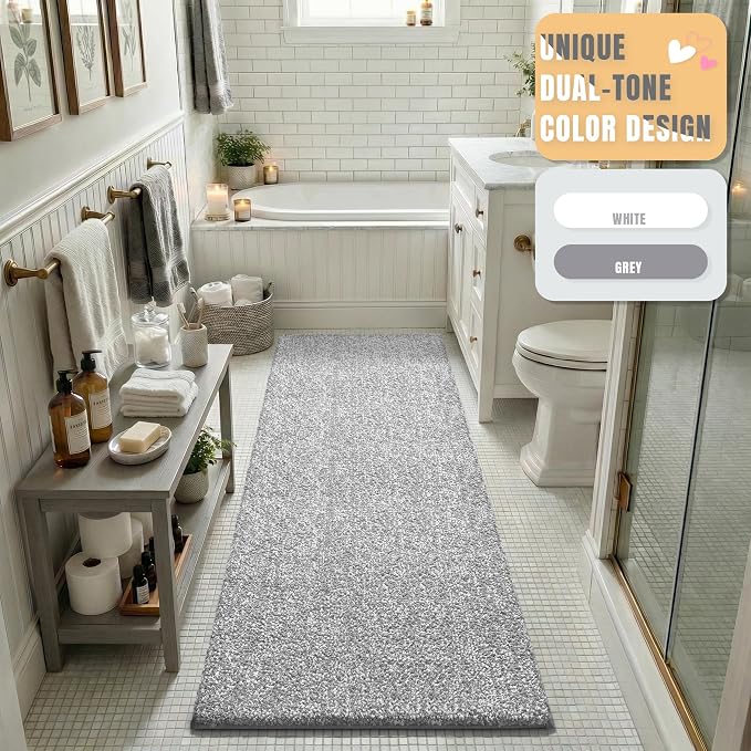 Yimobra Cushioned Anti-Fatigue Long Bathroom Runner Rug, Non Slip Washable Bath Mat, Dense Soft for Double Sink Vanity, Tired Feet Comfort, Absorbent, 60" X 24" (5.0' × 2.0'), Grey and White