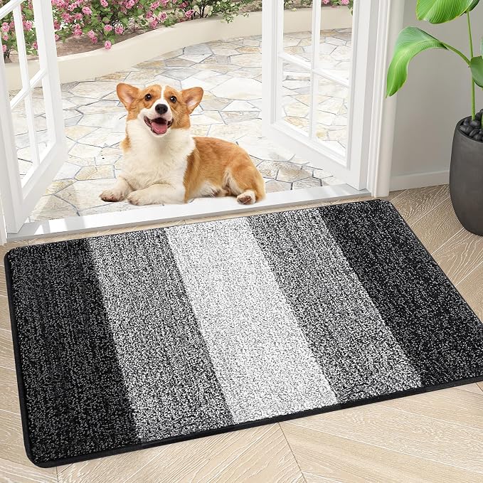 Smiry Dog Door Mat for Muddy Paws, Absorbs Moisture and Dirt, Low-Profile Entryway Mat with Non-Slip Backing, Entry Indoor Outdoor Doormat for Inside Floor (34x21 Inches, Black, Striped)
