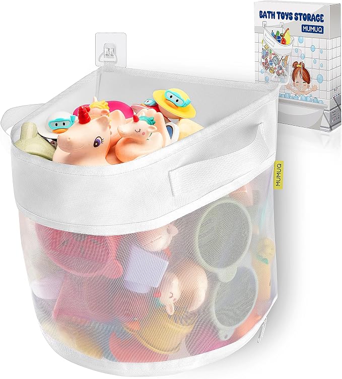 Bath Toy Storage, 4.15 Gallons Bath Toy Holder Wall-Mounted Shower Caddy Bottom Zipper Bathtub Toys Storage Mesh Organizer Bag, Quick Access Baby Shower Games Toys Organizer Accessory White (L)