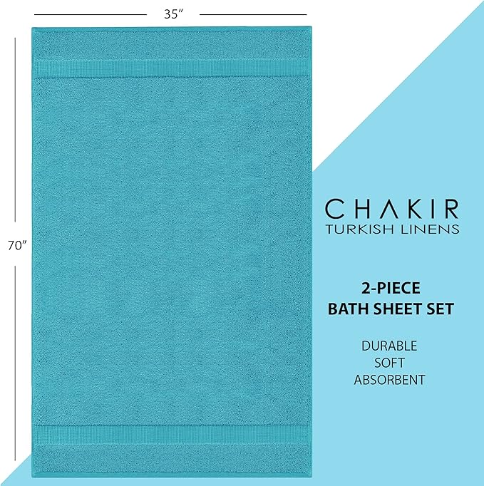 Chakir Turkish Linens 2 Piece Large Bath Sheets, 100% Cotton Luxury Turkish Towels for Bathroom, Soft Absorbent Oversized Bath Towels, 35 x 70 Inches, Aqua