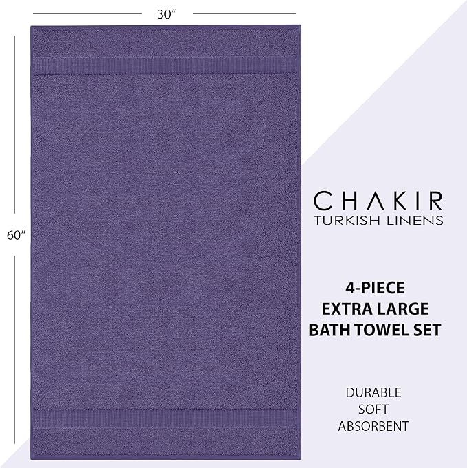 Chakir Turkish Linens 4 Piece Extra Large Bath Towels, 100% Cotton Luxury Turkish Towels for Bathroom, Soft Absorbent Bath Towels, 30 x 60 Inches, Plum