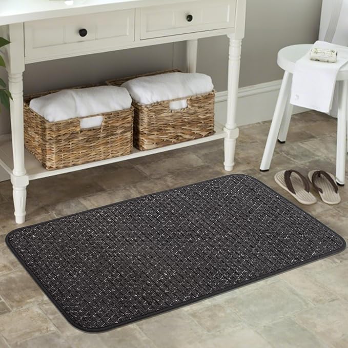 Thin Bathroom Rugs Fit Under Door Quick Dry Non Slip Absorbent Bath Mat with Rubber Backing, Woven Shower Mats for Bathtub, Toilet, Floor, Easy Care, Machine Washable, 17"x 32", Black