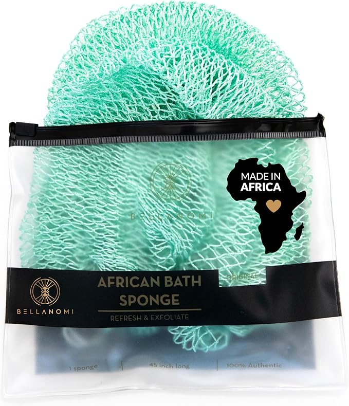 BELLANOMI African Exfoliating Net Sponge, Authentic, Ethically sourced from Nigeria, 45 inches Long, Back Scrubber for Daily use (Seafoam)