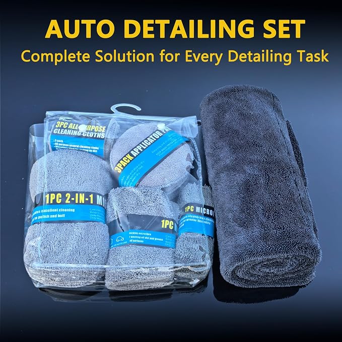 Car Drying Towels Set 10PCS Car Cleaning Kit, 36"x24" Twist Loop Microfiber Towel (Absorbs 1+ Gallon) Car Detailing Kit with Tire Brush Wax Pads Wash Mitt Sponge Interior & Glass Towels for Auto Care