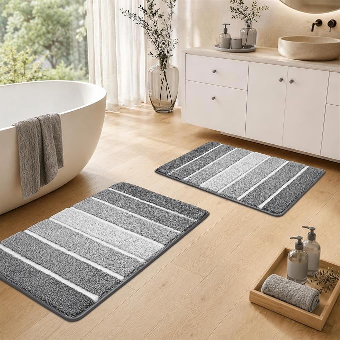 COSY HOMEER Bathroom Rugs 24 x 17, Ultra Soft Absorbent Bath Mat, Non-Slip TPR Backing Stays in Place, Machine Washable Shaggy Rug for Bathroom Floor, Grey & White