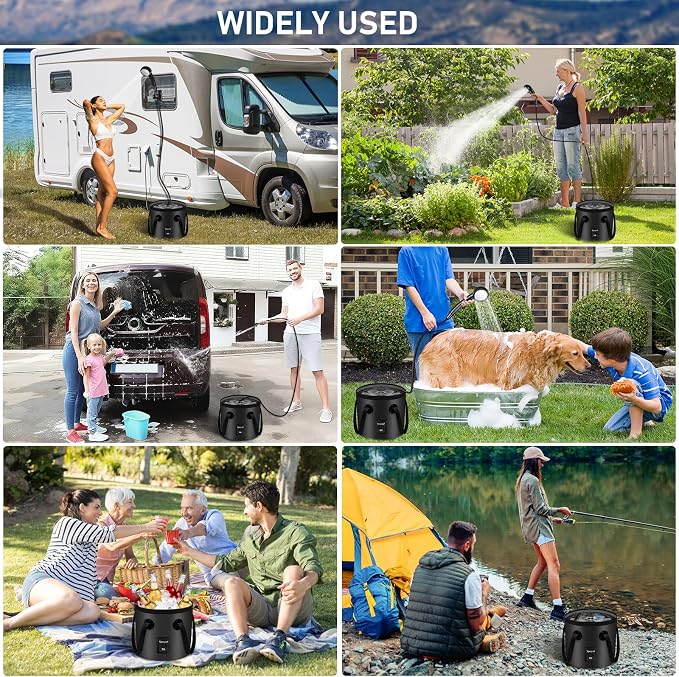Spopal Portable Shower for Camping, Rechargeable Camping Shower with Collapsible Bucket with Handle 20L Intelligent LED Display, 4 Spray Modes, Outdoor Shower Kit for Hiking, Travel, Car, Pet 【Black】