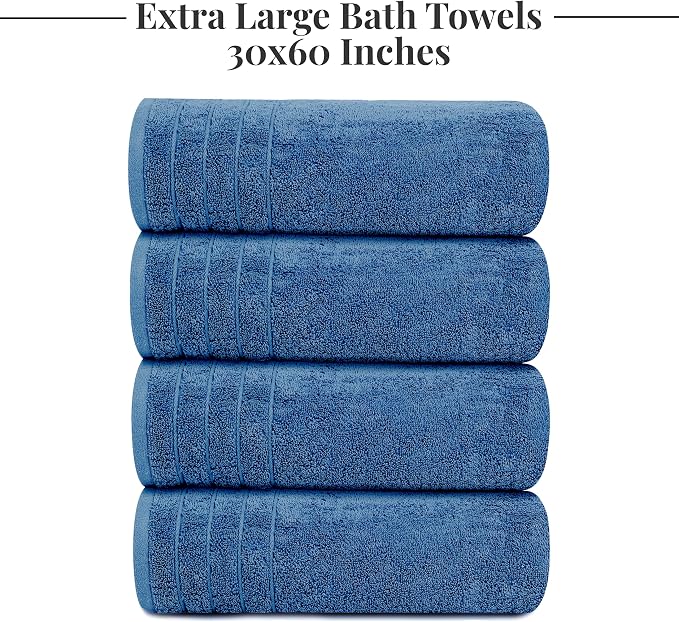 Tens Towels Pack of 4 Extra Large Bath Towels 30 x 60 Inches, 100% Cotton, Larger & Lighter Weight, Quicker to Dry, Super Soft and Absorbent, Perfect for Bathroom, Blue