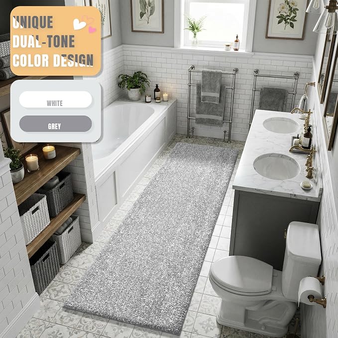 Yimobra Cushioned Anti-Fatigue Long Bathroom Runner Rug, Non Slip Washable Bath Mat, Dense Soft for Double Sink Vanity, Tired Feet Comfort, Absorbent, 70" X 24" (5.8' × 2.0'), Grey and White