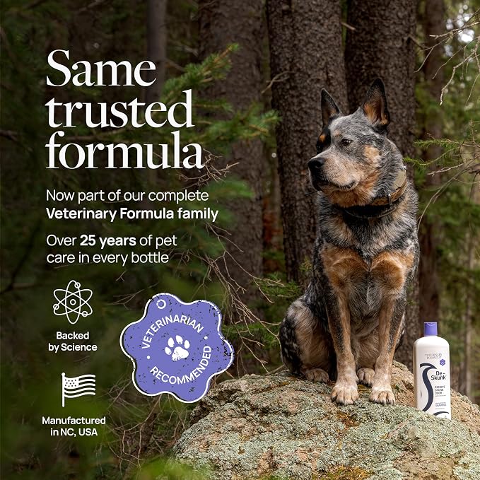 Veterinary Formula De-Skunk Odor Destroying Shampoo for Dogs, 32 oz – Professional Strength Pet Wash Removes Tough Smell from Furniture, Carpet & Clothes – Fast Acting De-Greaser Formula
