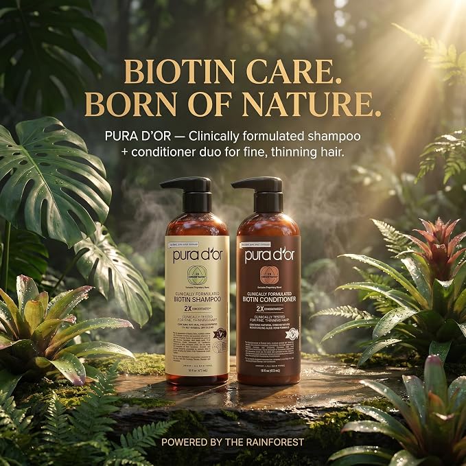 PURA D'OR Clinically Formulated Biotin Shampoo & Hair Regrowth Conditioner For Hair Thinning - 2X Concentrated Proprietary Thickening Blend For Women & Men, Sulfate Free, Botanical Zen Scent,16oz x2