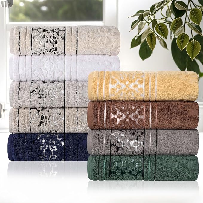 Superior Cotton 6 Piece Assorted Floral Towel Set, Includes 2 Bath, 2 Hand, 2 Washcloth/Face Towels, Quick Dry, Home Essentials, Shower, Spa, Luxury Plush Soft Absorbent Towels, Zero Twist, Gold