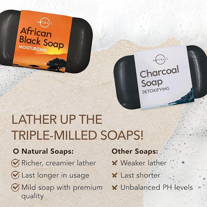 O NATURALS 100% Natural Bar Soap - Gift Set - Organic Ingredients & Essential Oils - Spa Gifts for Women & Men, Body Wash & Face Soap - 6PC Black Soap Collection - Mothers Days Gifts