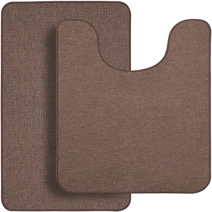 Bosap Bathroom Rugs Set 2 Pieces,Thin Bathroom Mats,Toilet Rugs,Quick Dry,Non-Slip,Machine Washable,Low Pile,Absorbent Bath Mats,Shower,Sink,Home Decor Accessories.Brown,1'5"x2'3"+1'8"x2" U Shape