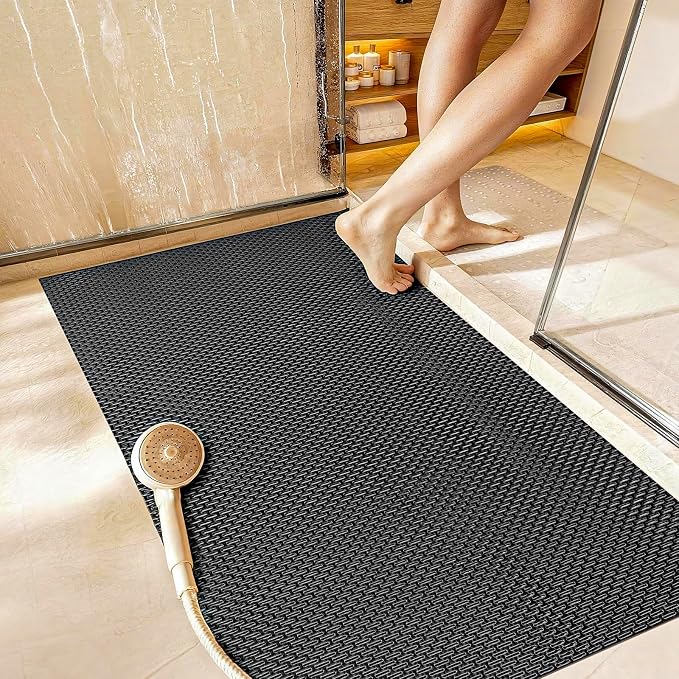 Extra Large Non-Slip Shower Mat, Fast-Dry PVC Bath Stall & Tub Mat, Drain-Hole Design,for Shower Stall Tub for Elderly/Kids,Non Slip Bathroom Safety Accessory,Black 32"x47"
