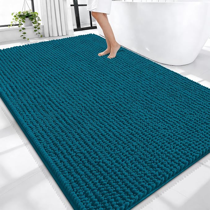 OLANLY Thick Bathroom Runner Rugs 47x17, Extra Soft Absorbent Chenille Bath Rugs, Rubber Backing, Machine Wash Dry, Long Bath Mats for Bathroom, Tub and Shower, Home Decor Accessories, Peacock Blue