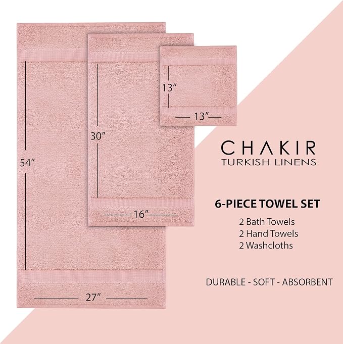 Chakir Turkish Linens 6 Piece Towels Set, 100% Cotton Luxury Turkish Towels for Bathroom, Soft Absorbent Bath Towel Set with 2 Bath Towels 2 Hand Towels 2 Washcloths, Pink