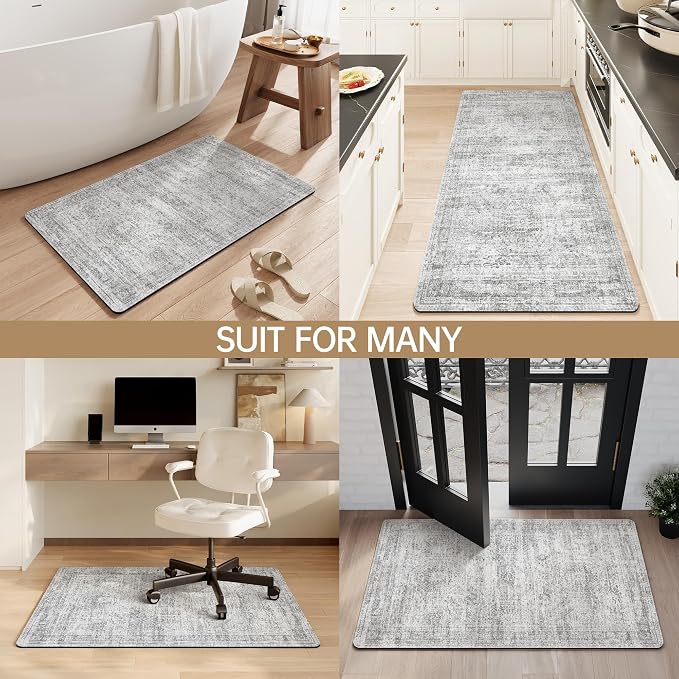 Mecko Bath Mat, Ultra Absorbent Quick Dry Bathroom Floor Mats-Rubber Non-Slip Thin Bathroom Rug Fit Under Door, Faux Suede Surface Shower Rug for Bathtub, Sink, Shower Room(Grey/Cream,20"x32")